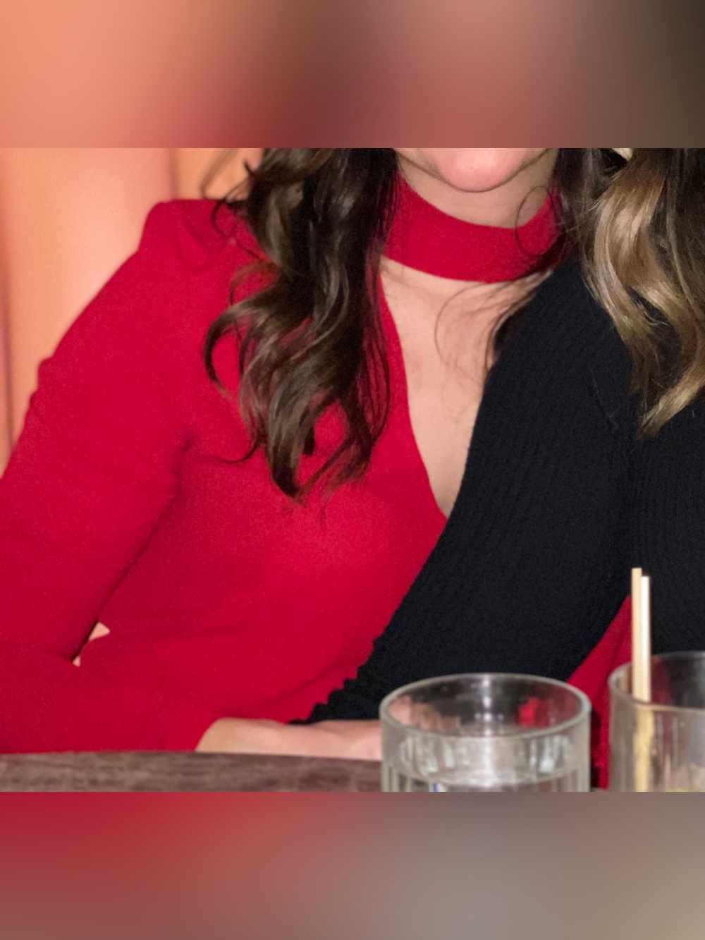 Red Long-Sleeve V-Neck Blouse with Mock Neck